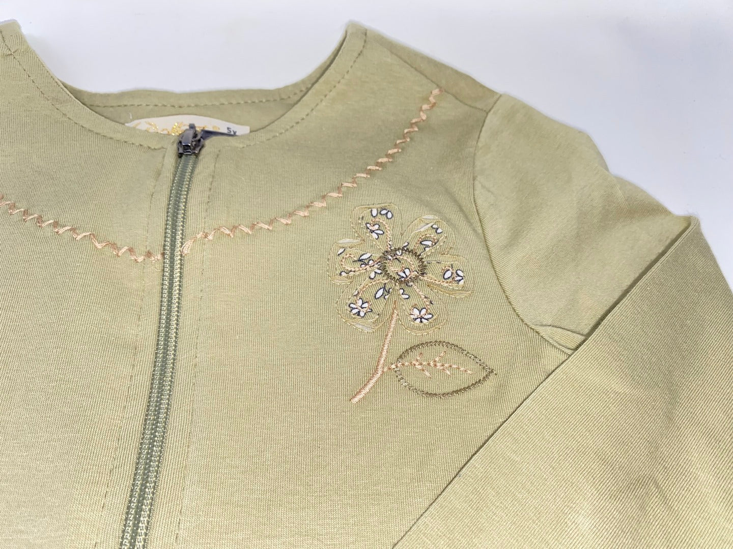 Kleid Baumwollkleid Jerseykleid & Jacke Jäckchen Mädchen weiter Rock Khaki Blümchen Stickerei