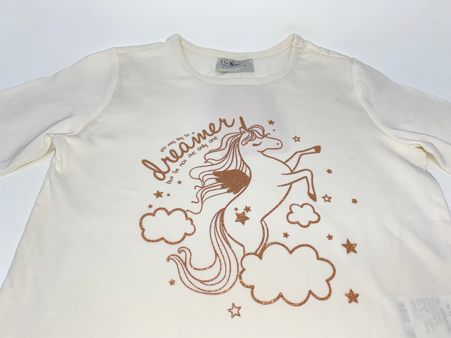 Mädchen Langarmshirt T-Shirt Longsleeve Sweat-Shirt Glitzer Gold Einhorn Unicorn Pegasus Beige