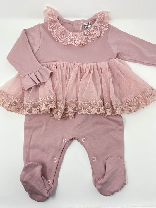 Baby Strampler mit Röckchen aus Spitze - Rosa / Rose