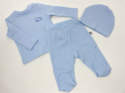 Baby Set 3 Teilig für Neugeborene Strampel Hose Oberteil Mütze Mützchen gerippt Jungen hellblau Teddy Bär