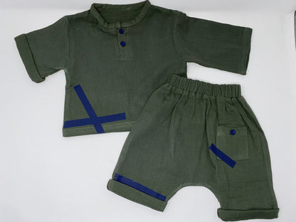 Baby Sommer Set Zweiteiler Hemd & Pumphose Khaki Baumwolle