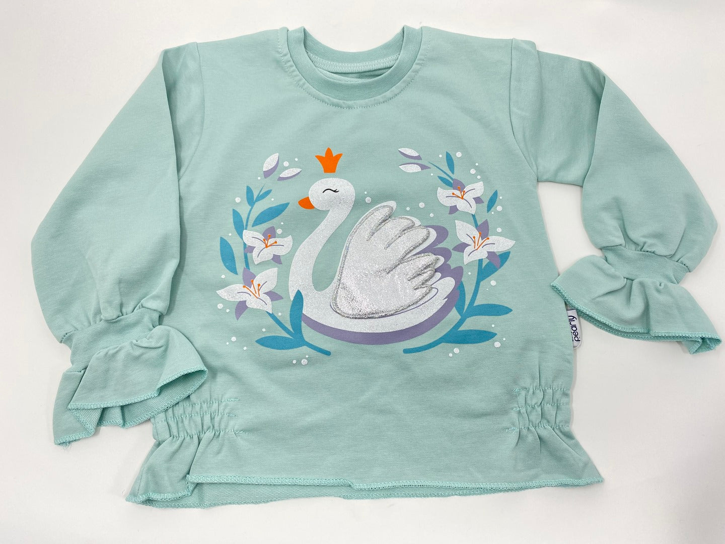 Mädchen Sweat Shirt  - Mint - Silber Glitzerner Schwan als Applikation Stickerei