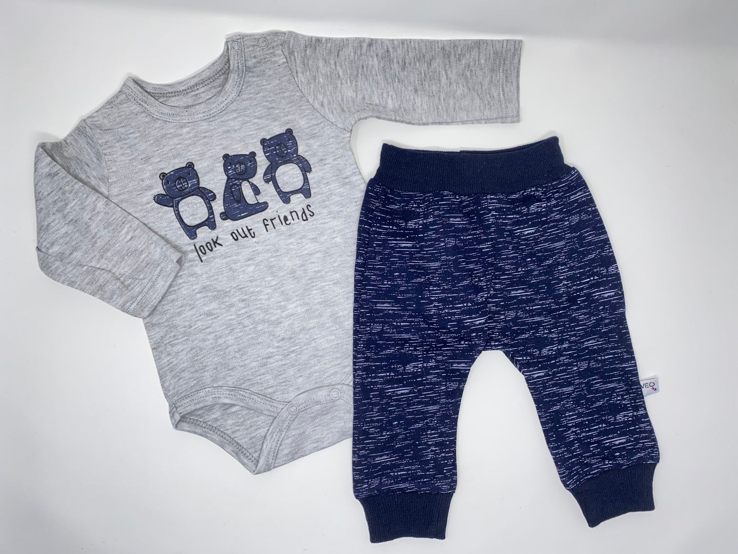 Baby Set Langarm Body & Hose aus Jersey /Sweat 2 Teile Grau  Dunkelblau meliert