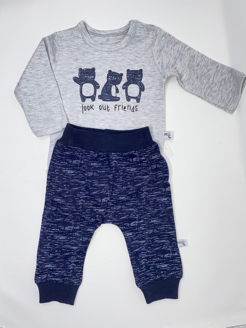 Baby Set Langarm Body & Hose aus Jersey /Sweat 2 Teile Grau  Dunkelblau meliert