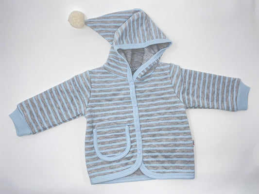 Baby Sweat Kapuzen Hoodie Jacke Jäckchen Shirt gestreift mit Pommel Hellblau Grau meliert