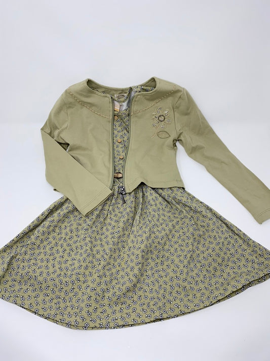 Kleid Baumwollkleid Jerseykleid & Jacke Jäckchen Mädchen weiter Rock Khaki Blümchen Stickerei