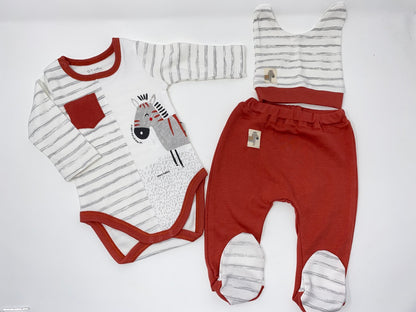 Baby Set 3 Teiler Strampel Hose Body Mütze Mützchen Jungen Zebra Terracotta