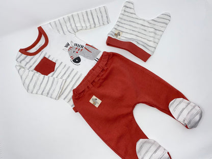 Baby Set 3 Teiler Strampel Hose Body Mütze Mützchen Jungen Zebra Terracotta