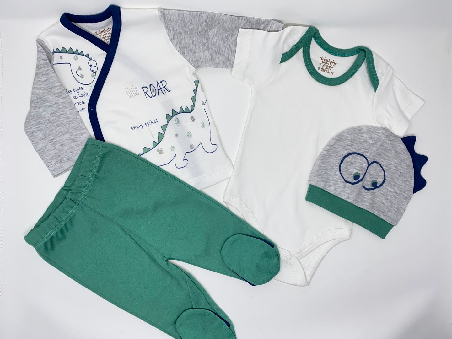 Baby Set 4 Teiler Jäckchen Body Strampel Hose Mütze Mützchen Dinosaurier Dinos Jungen