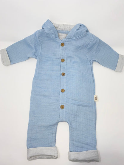 Baby Overall Einteiler Jumpsuit Kapuzenoverall Musselin Jungen Hasenohren reine Baumwolle