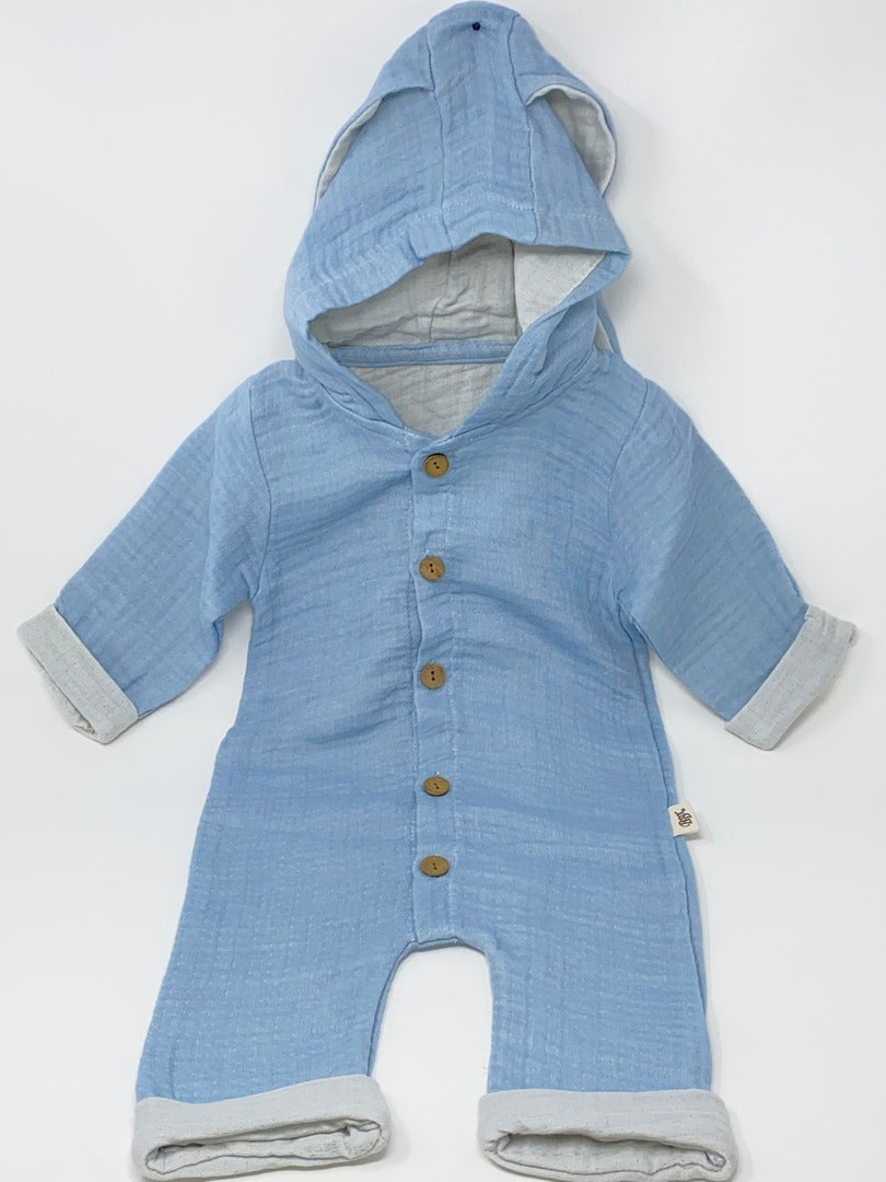 Baby Overall Einteiler Jumpsuit Kapuzenoverall Musselin Jungen Hasenohren reine Baumwolle