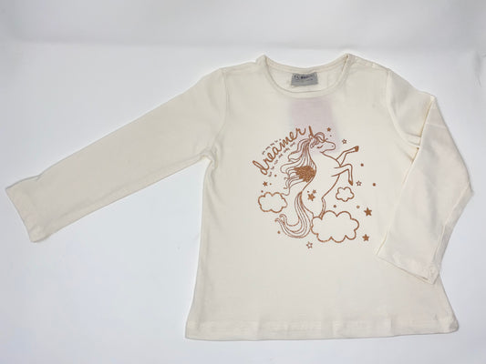 Mädchen Langarmshirt T-Shirt Longsleeve Sweat-Shirt Glitzer Gold Einhorn Unicorn Pegasus Beige